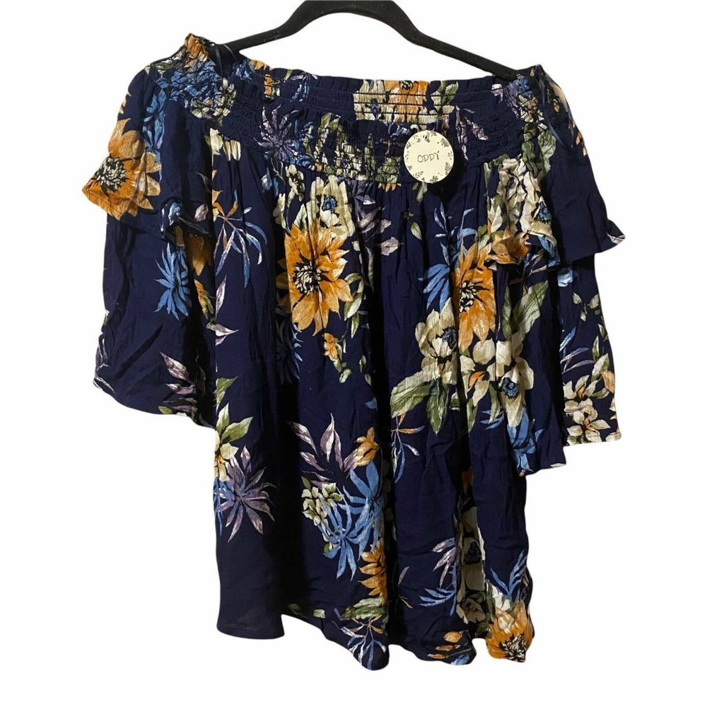NWT Oddy Womens S Top Navy Floral Off The Shoulder Ruffle Blouse Key Hole Back